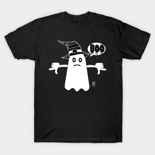 An unhappy ghost in a hat is saying BOO! Ghost Of Disapproval T-Shirt